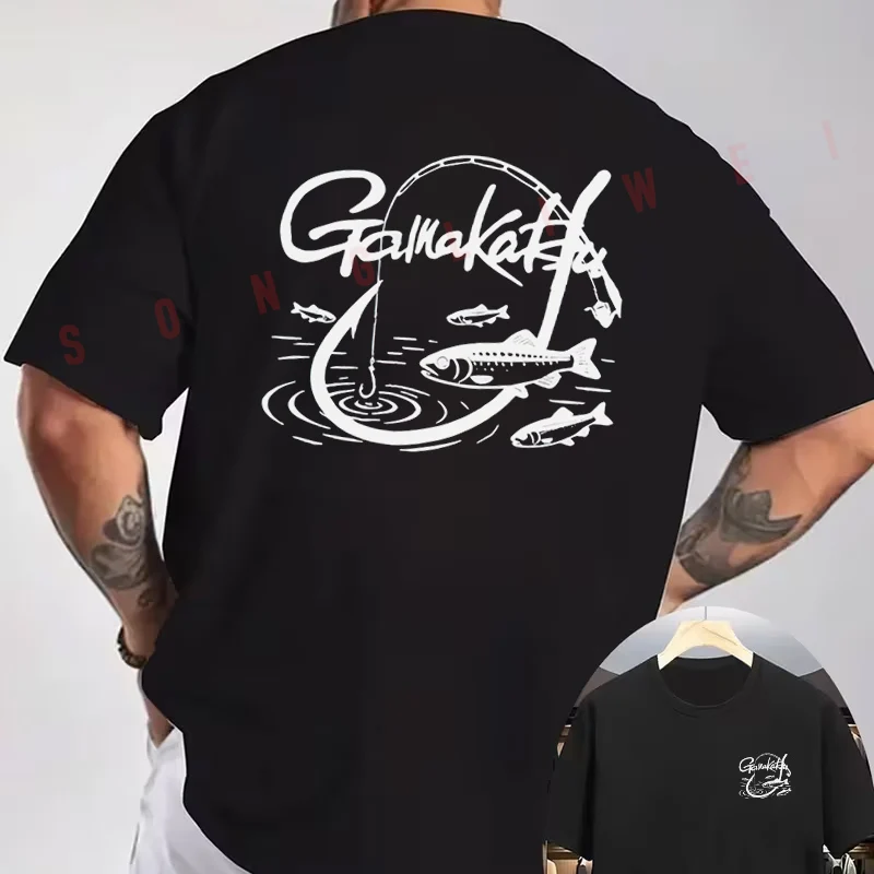 Fishing Equipment Brands - 釣りがまかつブランドルアー愛好家限定プリントオートバイ両面プリント Tシャツメンズ半袖 O ネックカジュアルトップ
