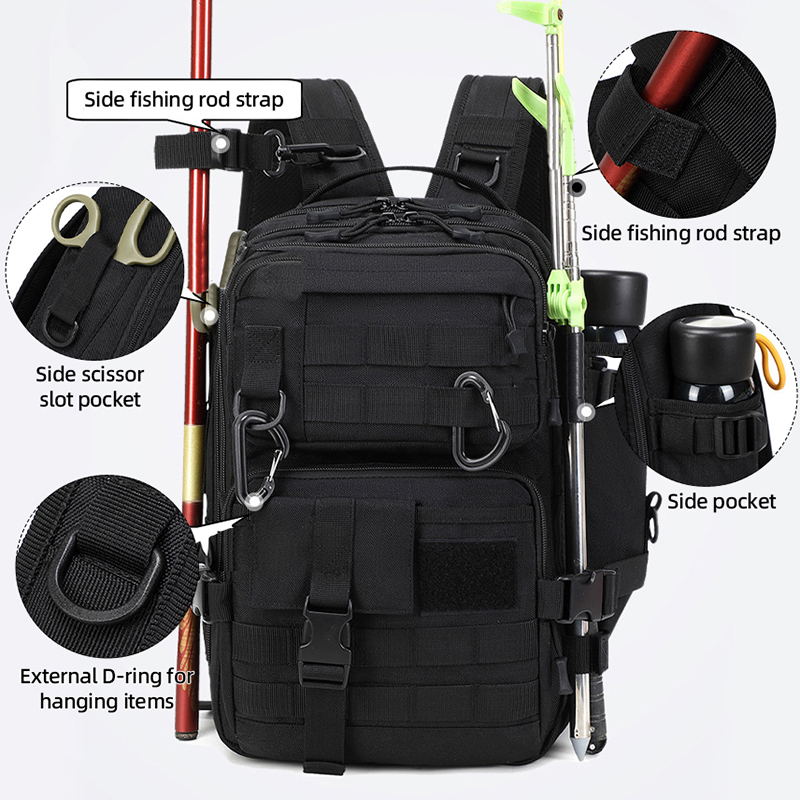 Fishing Equipment Bag - キャンプ用戦術バックパック、旅行用大型3日間アサルトパック、モールシステム対応、男女兼用、釣り道具収納ギアバッグ、ロッドホルダー付き